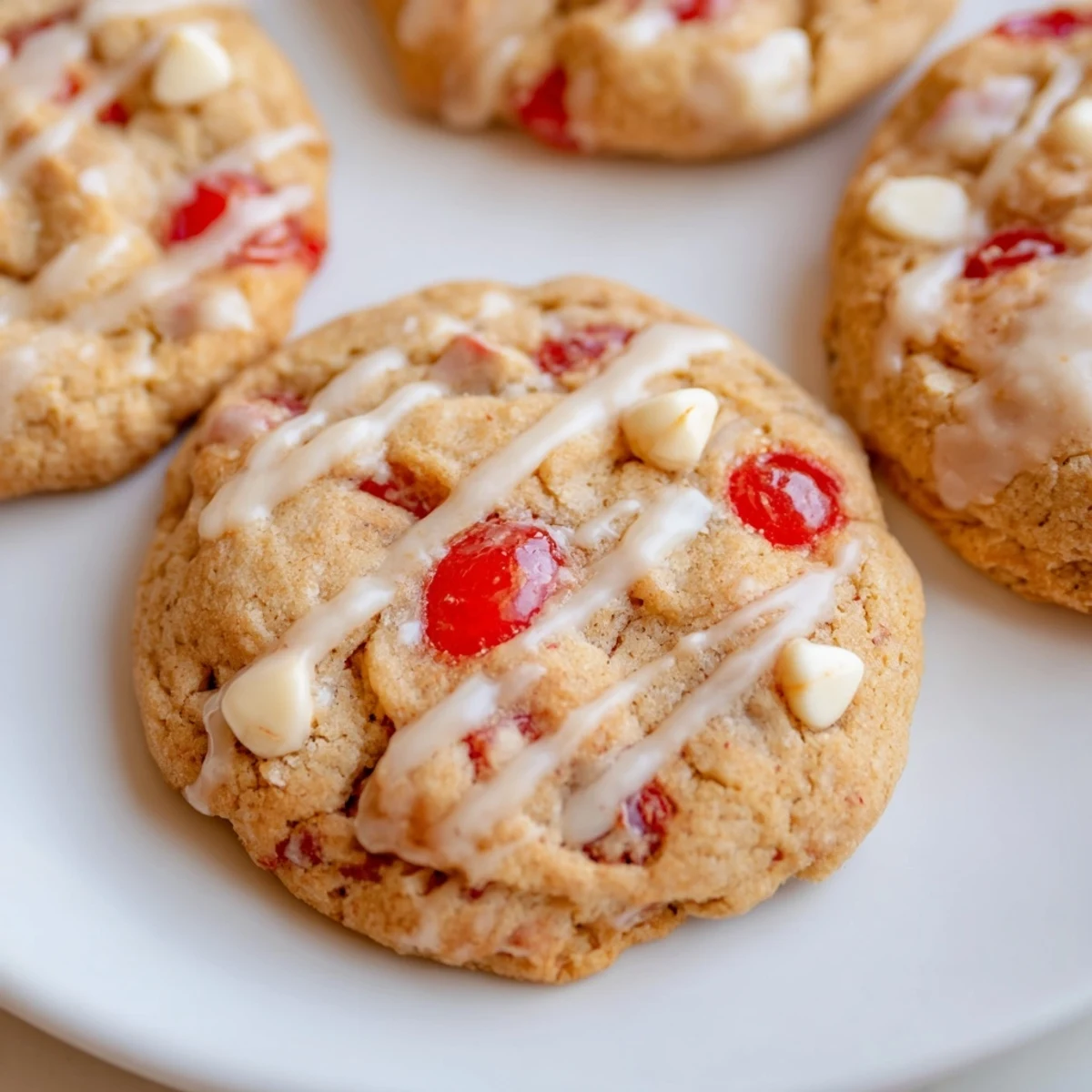 Freshly baked Irresistible Maraschino Cherry Cookies with a light almond glaze, displaying a tender crumb and vibrant maraschino cherry bits inside.