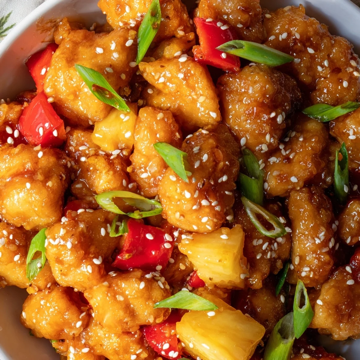 Golden Sticky Pineapple Chicken glistening with thick, glossy sauce on a white plate beside fluffy jasmine rice and vibrant red bell peppers.