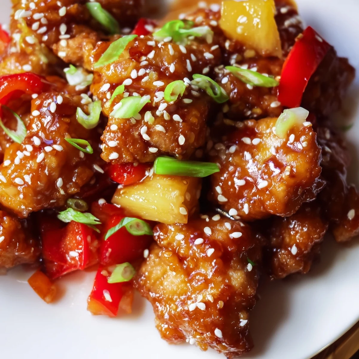 Juicy Sticky Pineapple Chicken served hot and steaming, garnished with green onions and sesame seeds on a rustic wooden table.