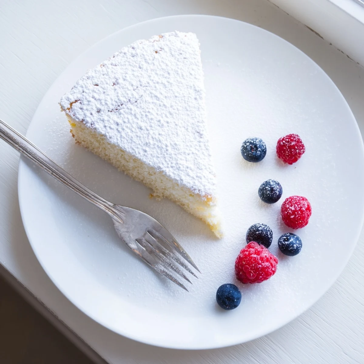 A slice of Fluffy Yogurt Cloud Cake dusted with powdered sugar and fresh berries on a white plate.