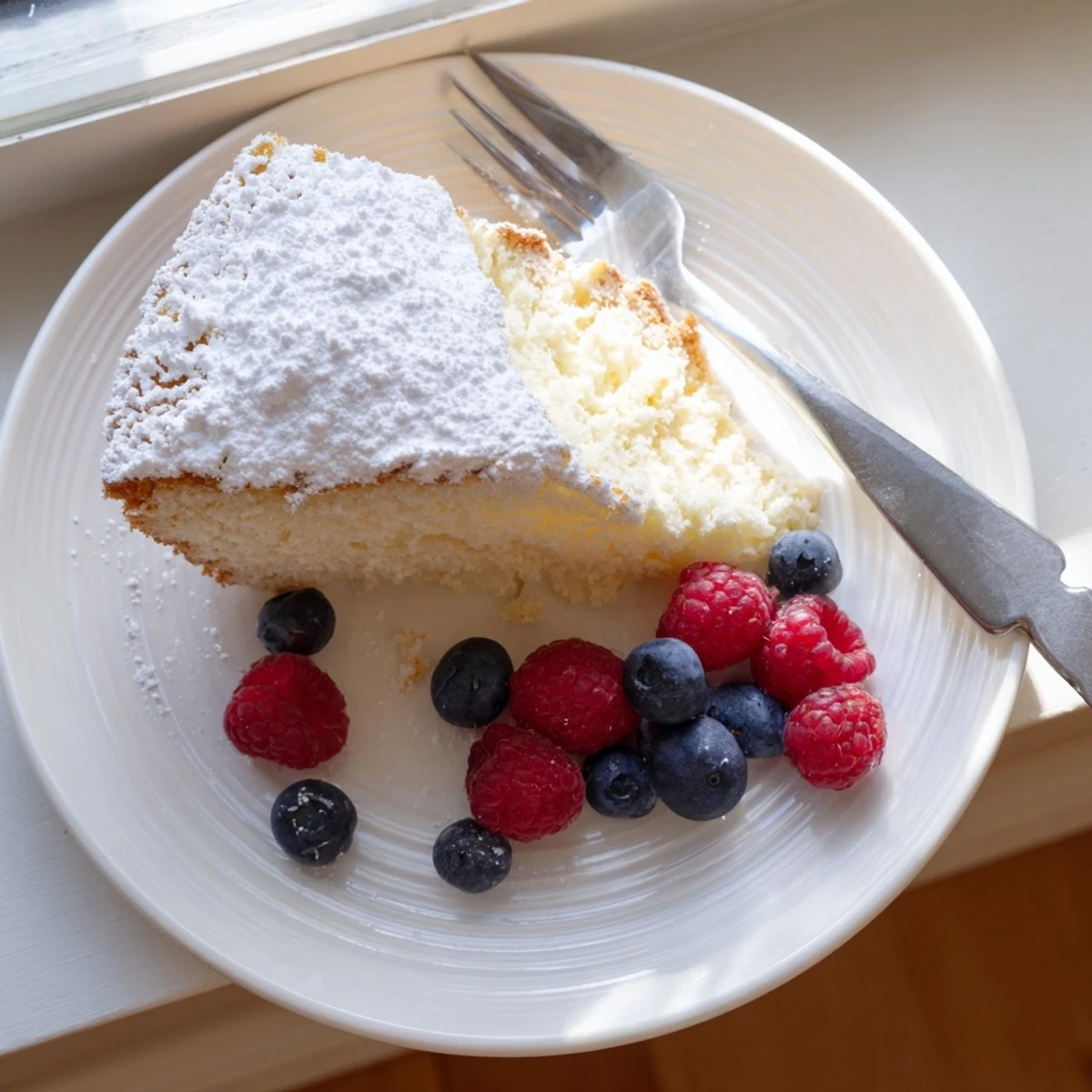 A close-up view of Fluffy Yogurt Cloud Cake shows its airy texture and lemon zest garnish.