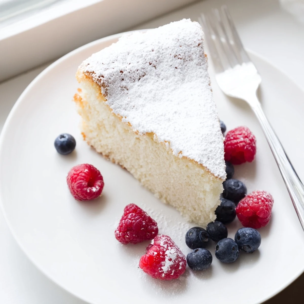 Fluffy Yogurt Cloud Cake rests on a marble counter beside a glass of milk for serving.