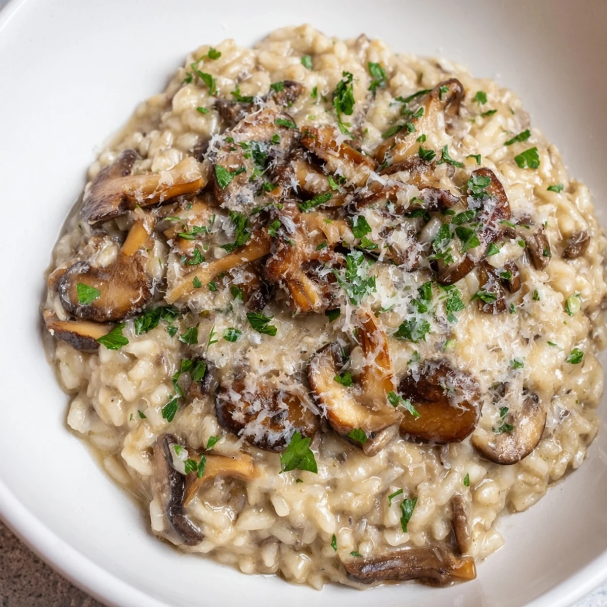 Creamy Mushroom Risotto in a white bowl, topped with fresh parsley and extra Parmesan cheese.