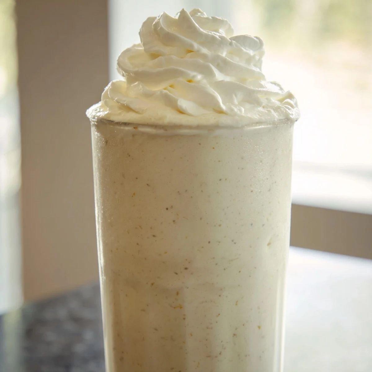Creamy Vanilla Bean Frappuccino topped with whipped cream in a tall glass, perfect for a refreshing treat.