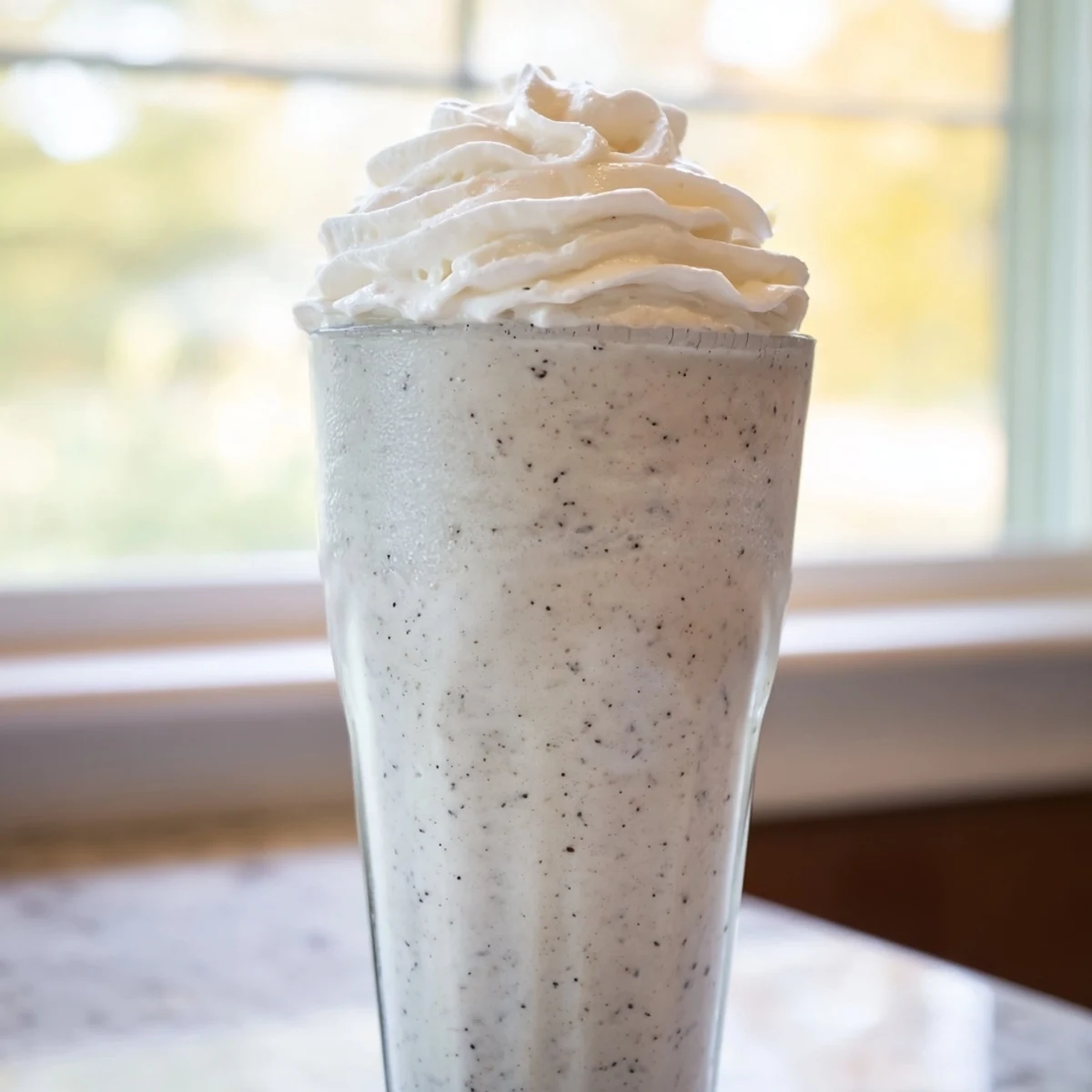 Homemade Vanilla Bean Frappuccino blended with ice and milk, served with a straw on a sunny table.