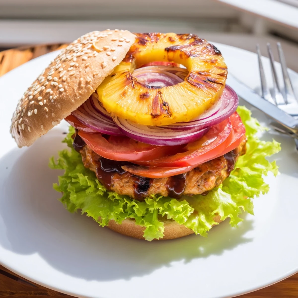 The Hawaiian Pineapple Chicken Burger features a juicy patty and caramelized pineapple on a toasted bun, ready to serve.