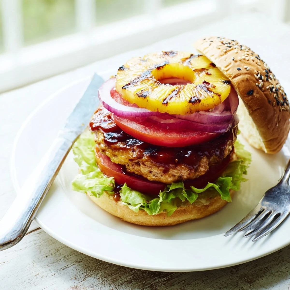 Sizzling grilled Hawaiian Pineapple Chicken Burger with barbecue sauce and crisp lettuce on a toasted bun, ideal for a summer meal.