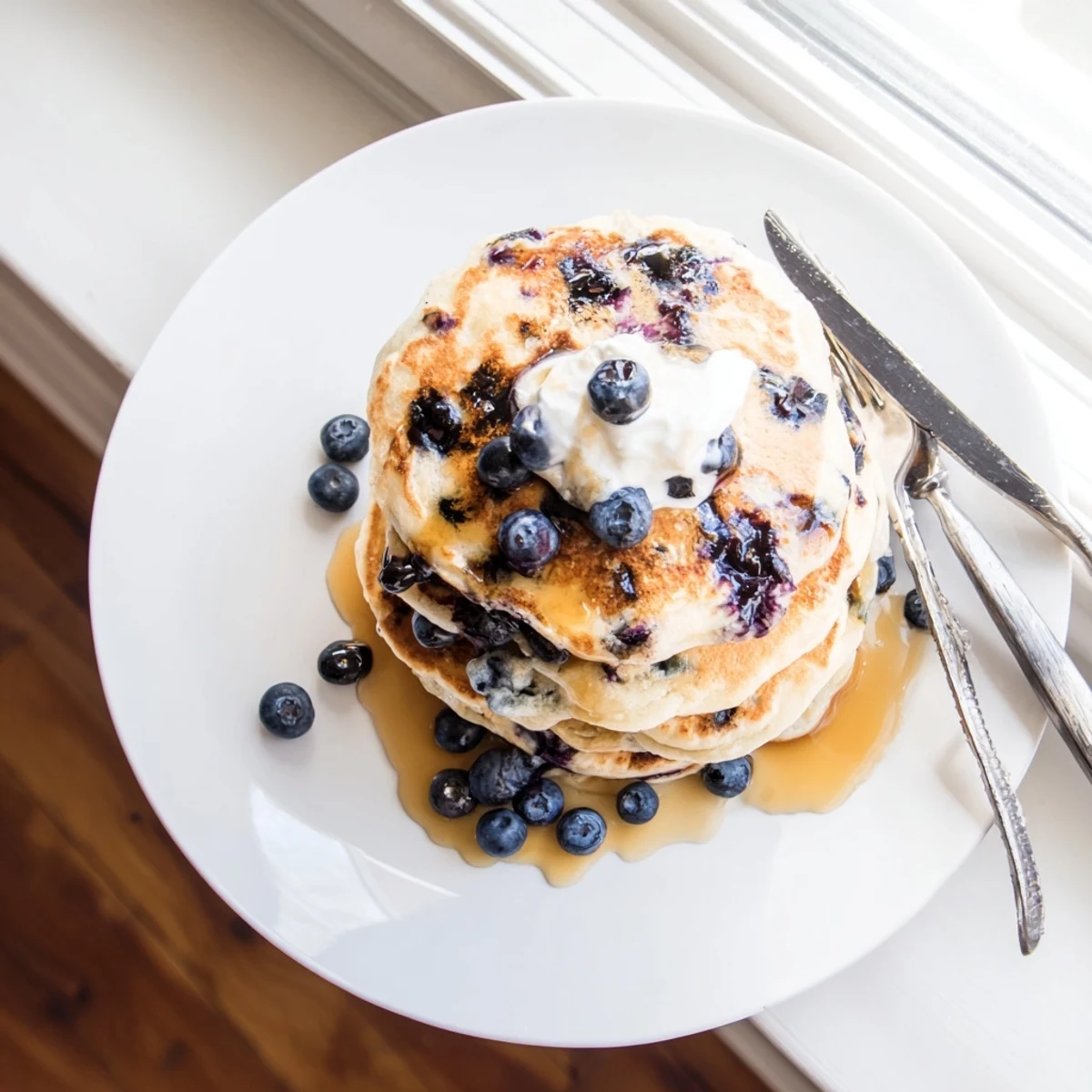 Fluffy Greek Yogurt Blueberry Pancakes stacked high on a plate, glistening with maple syrup.