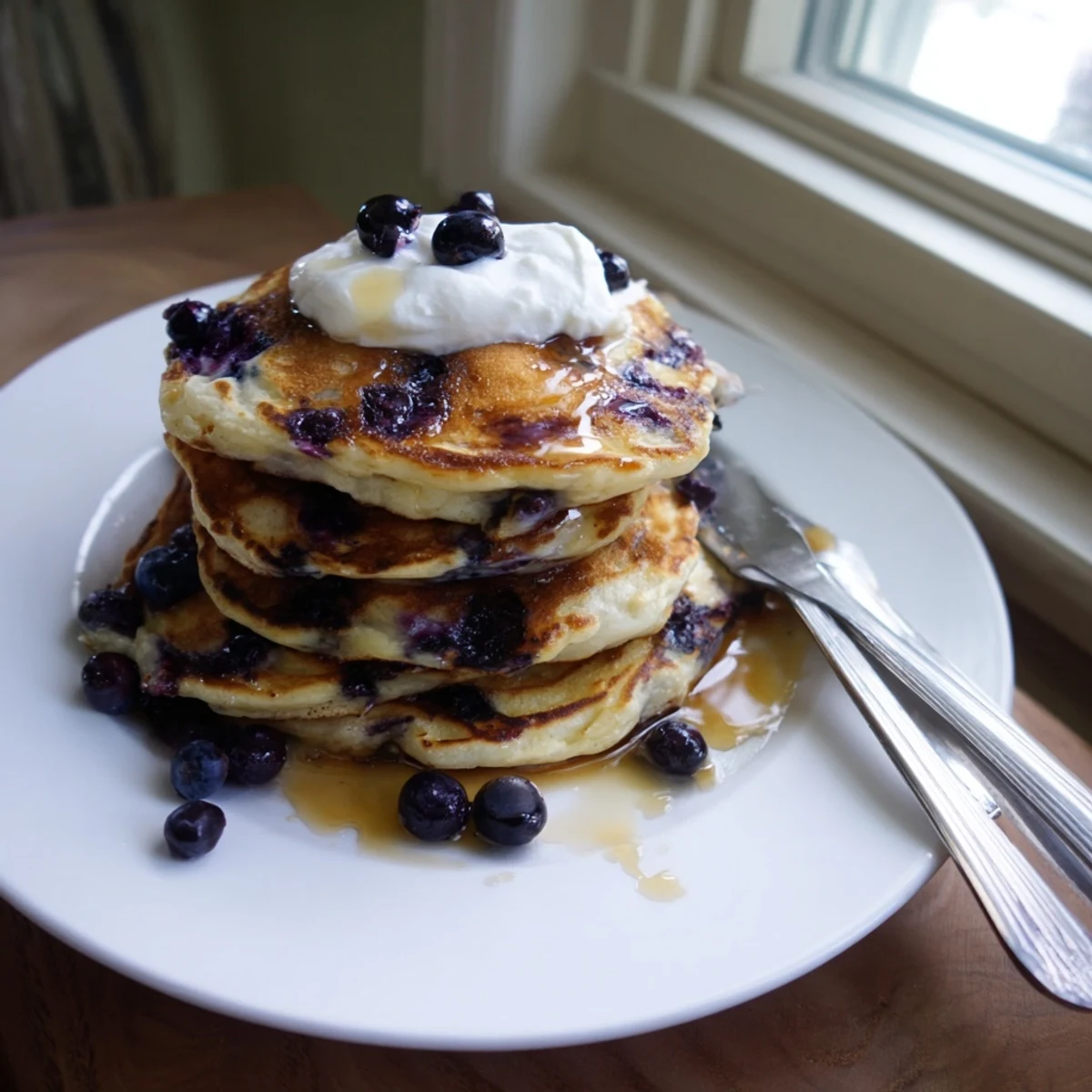 A close-up of Fluffy Greek Yogurt Blueberry Pancakes showing juicy berries in a light, airy batter.