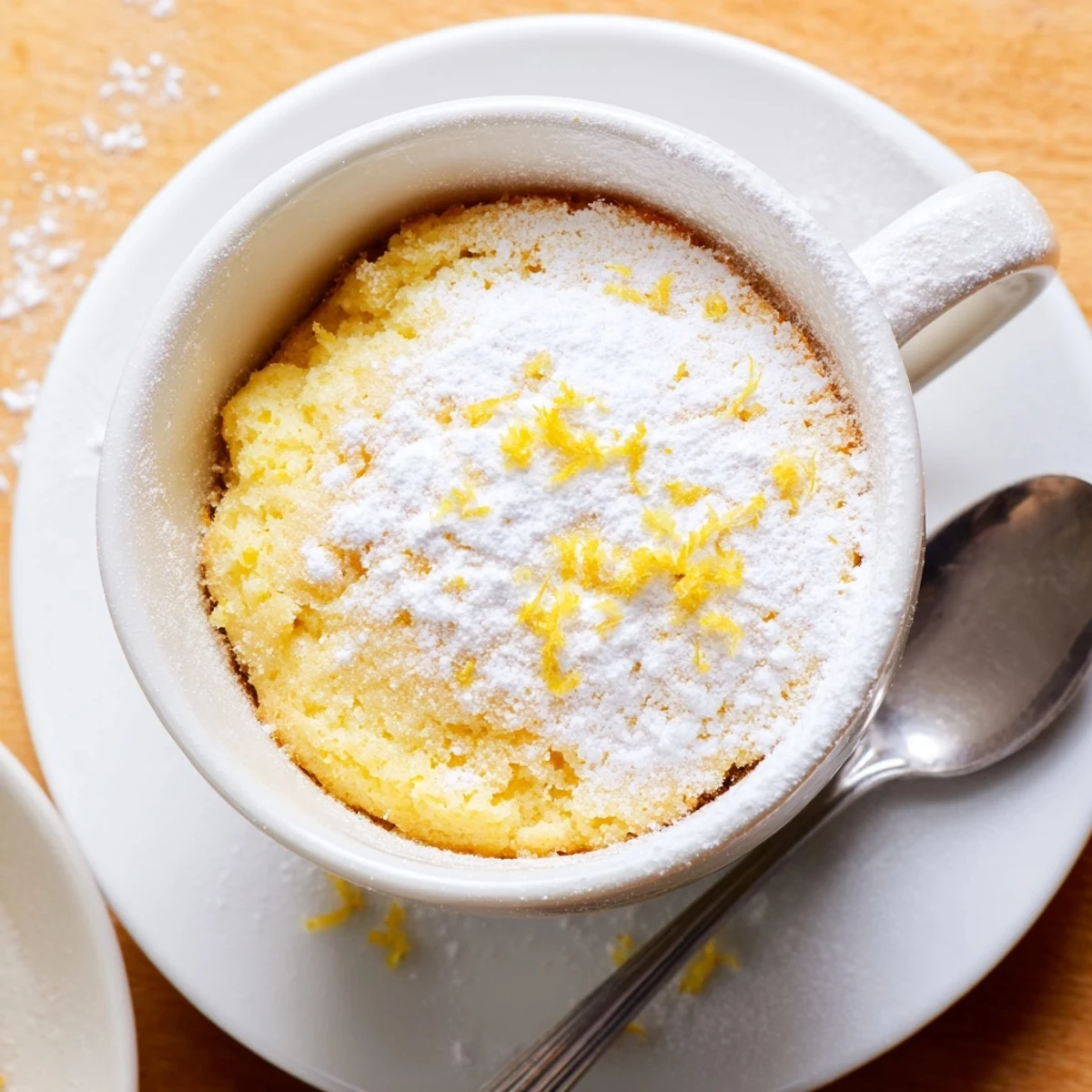 This warm Lemon Cottage Cheese Mug Cake has a fluffy texture and bright citrus aroma, topped with powdered sugar.  