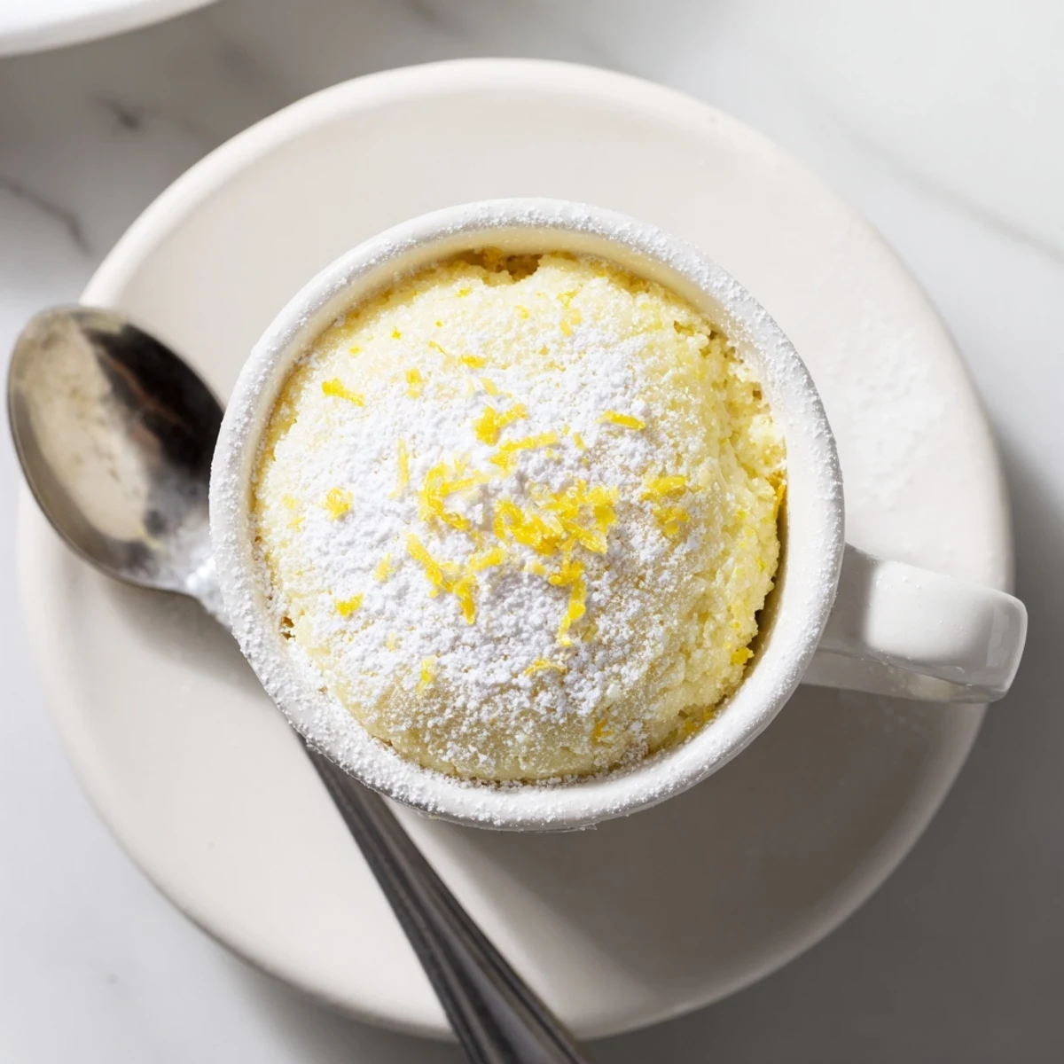 A fresh slice of Lemon Cottage Cheese Mug Cake reveals creamy interior and lemon zest specks, served in a mug.  