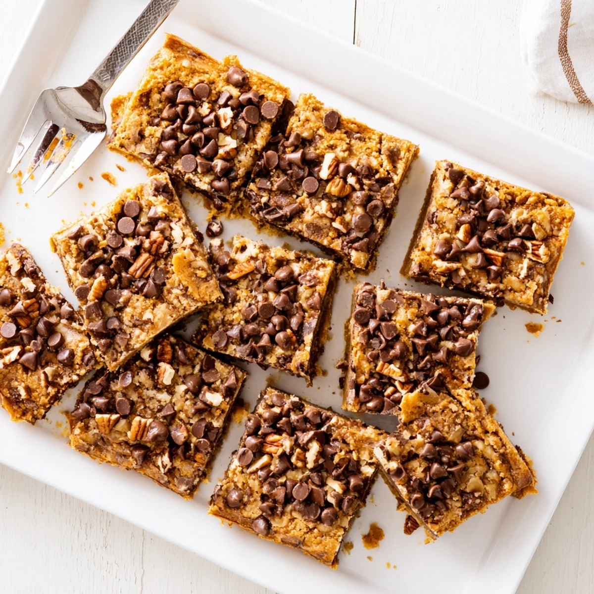 Golden-brown Cake Mix Toffee Bars topped with melted chocolate, toffee bits, and pecans on a rustic wooden board.