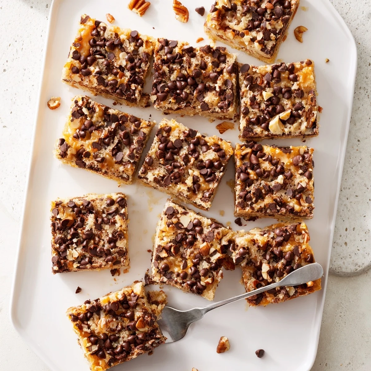 Close-up of gooey Cake Mix Toffee Bars with rich chocolate and crunchy toffee, cut into neat squares.
