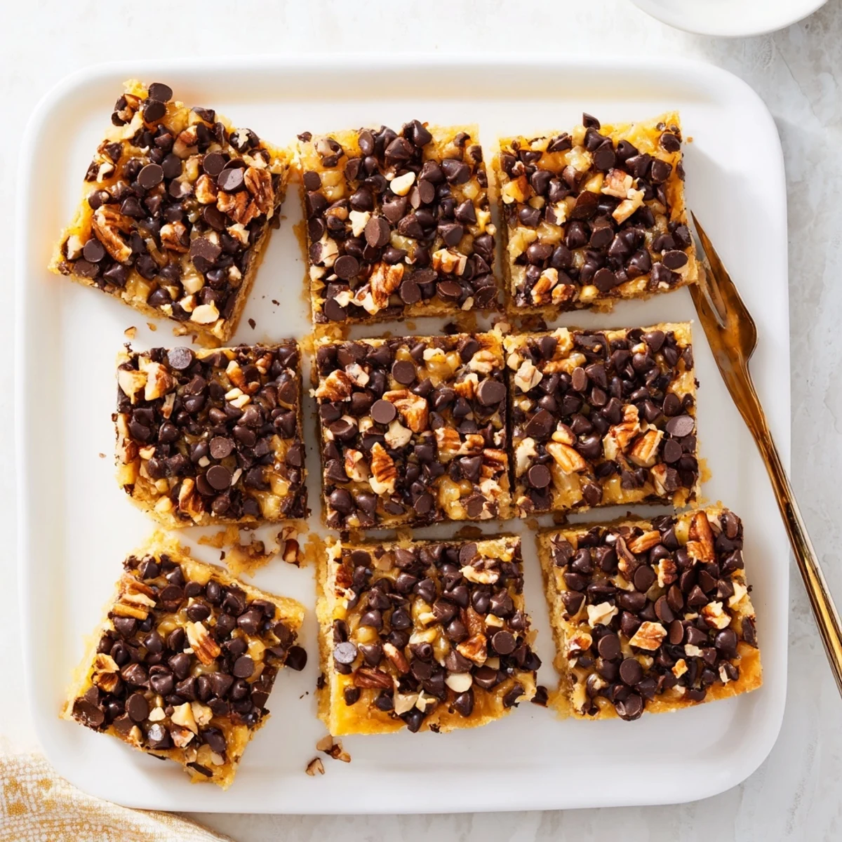 Freshly baked American-style Cake Mix Toffee Bars served warm on a ceramic plate, ready to enjoy.
