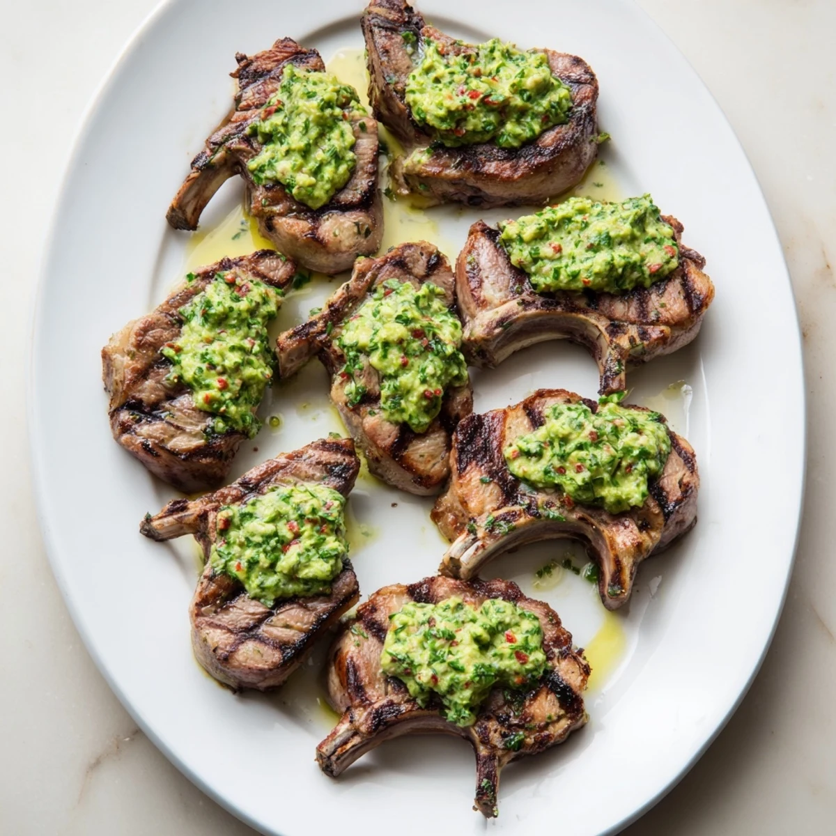Tender grilled BBQ Lamb with Avocado Chimichurri Dressing chops are plated, topped with creamy green sauce and herbs.