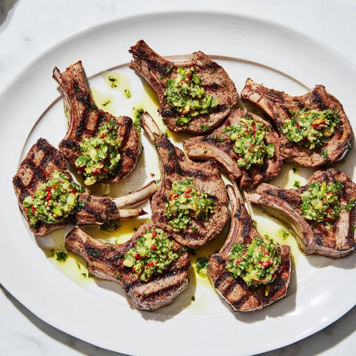 Sizzling BBQ Lamb with Avocado Chimichurri Dressing chops are served hot, drizzled with herbaceous avocado chimichurri sauce.