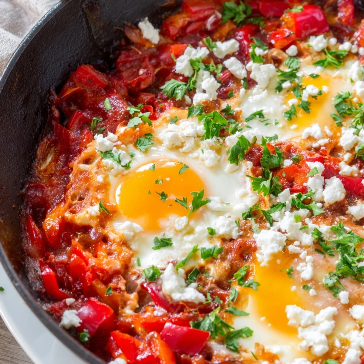 A steaming skillet of Quick Shakshuka Eggs features runny yolks nestled in spicy tomato sauce, perfect with crusty bread.
