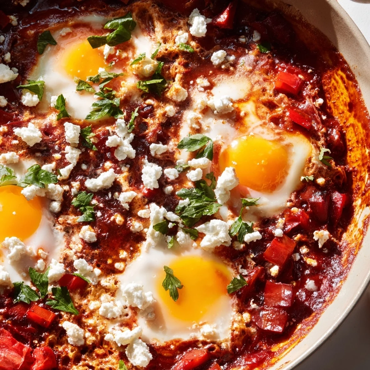 Enjoy Quick Shakshuka Eggs topped with fresh parsley and crumbled feta for a zesty Middle Eastern breakfast.