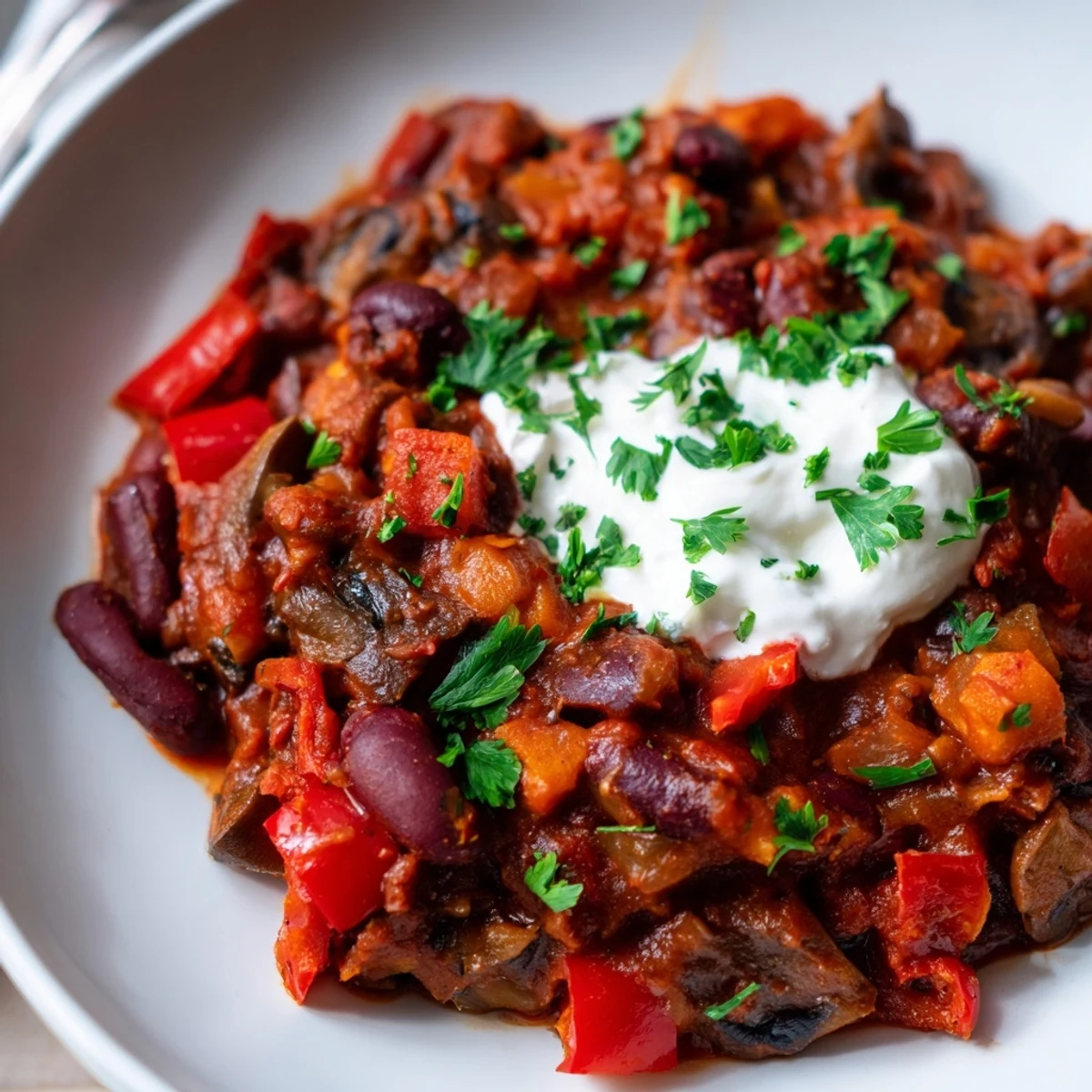 A steaming bowl of Chilli Mushroom Con Carne topped with fresh cilantro and sour cream, served with lime wedges for a hearty meal.
