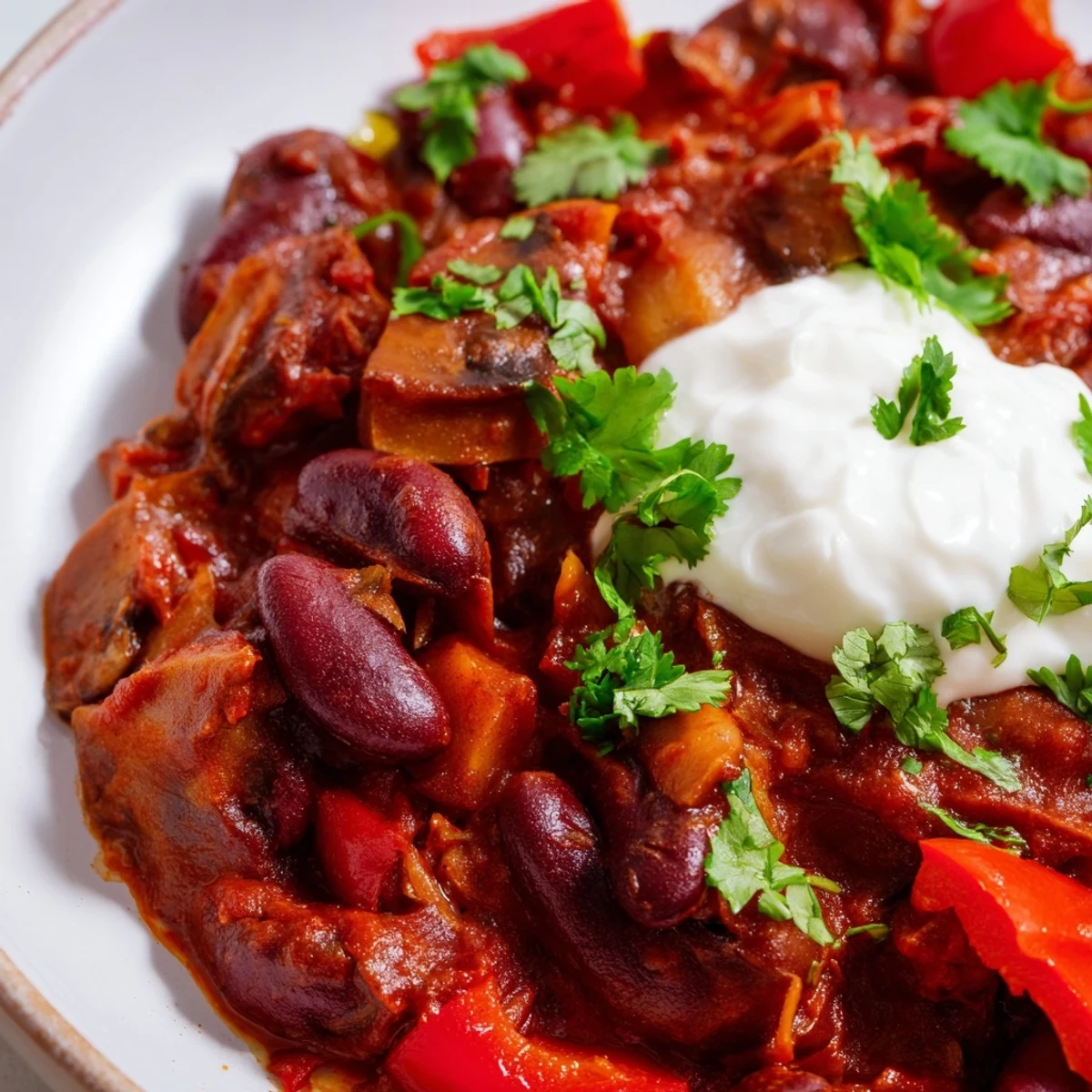 Close-up of Chilli Mushroom Con Carne simmering in a pot with kidney beans and red bell peppers, a smoky Tex-Mex vegetarian dish.