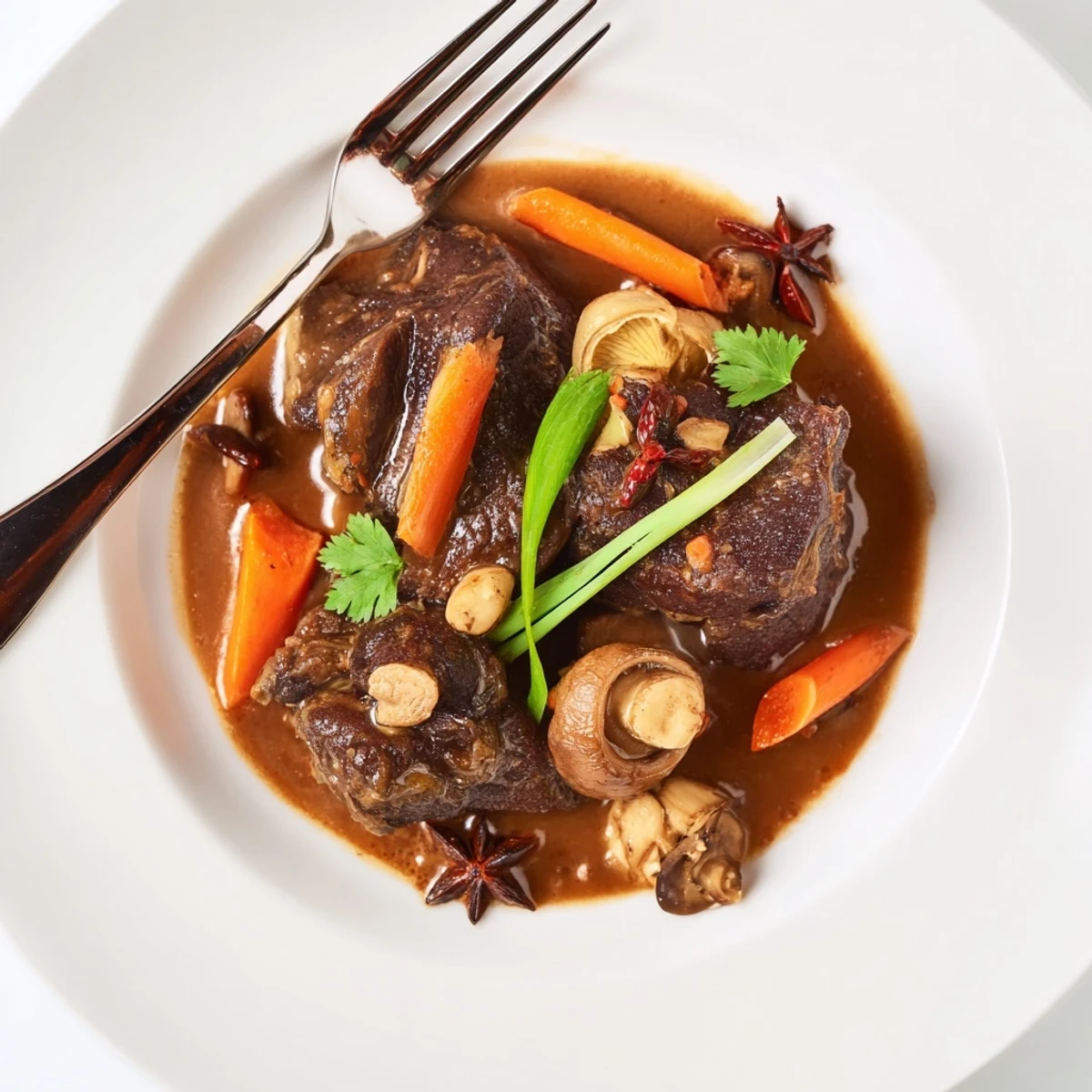 Golden-brown beef cheeks slow-cooked in a savory Asian sauce with mushrooms, served over steamed rice.
