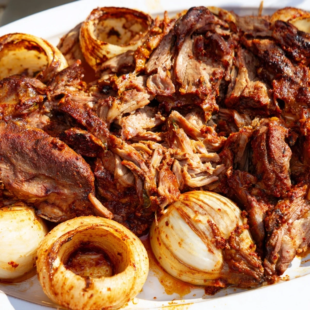 A juicy Slow Roasted Harissa Lamb Shoulder sits on a platter, garnished with fresh herbs, ready for sharing at a festive gathering.