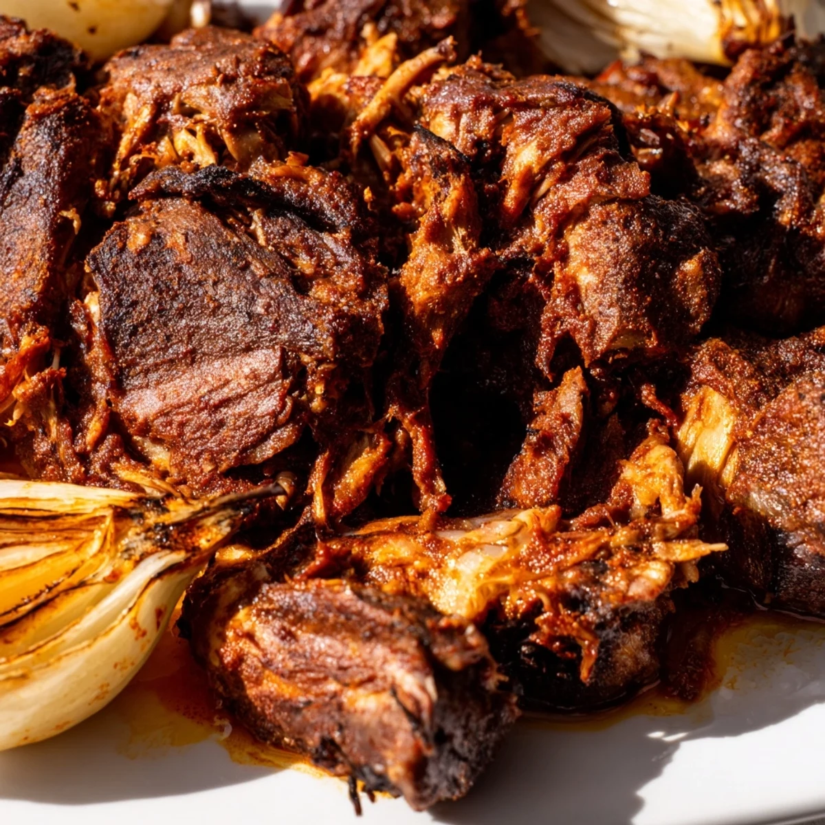 Tender shredded Slow Roasted Harissa Lamb Shoulder is served alongside roasted carrots and onions, with pan juices drizzled over the top.