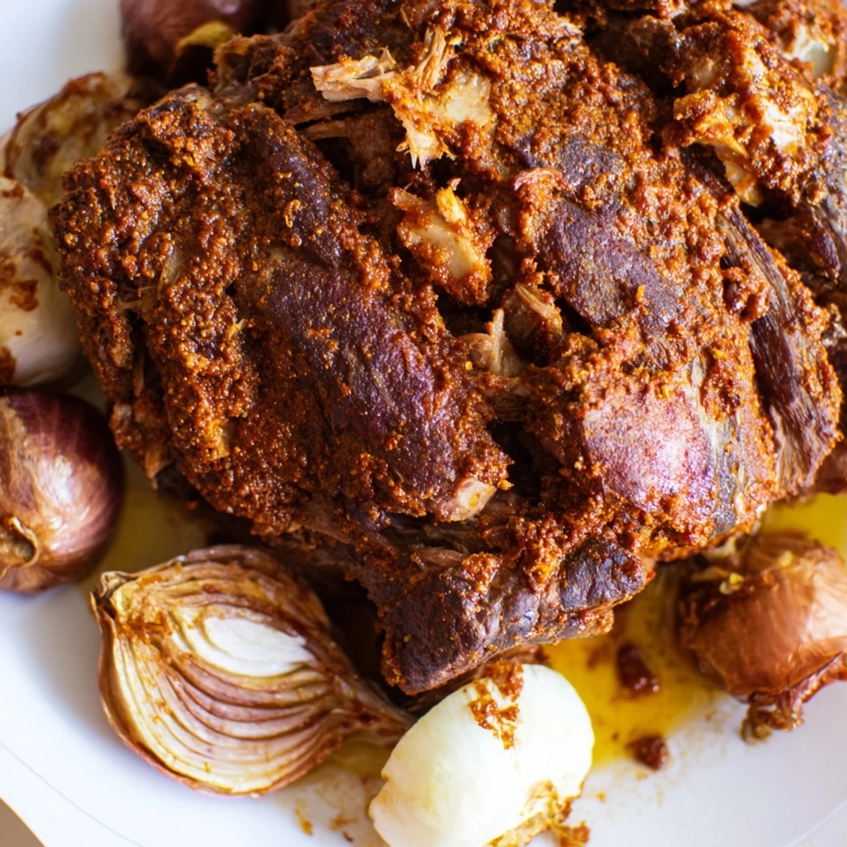 Close-up photo of Slow Roasted Harissa Lamb Shoulder featuring caramelized, smoky edges and a side of couscous for a complete meal.