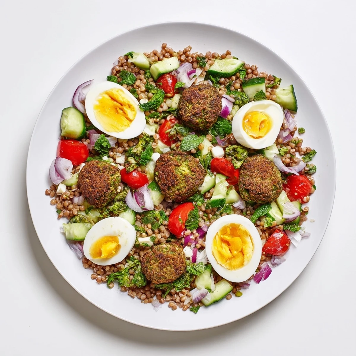 Crispy broccoli falafels with buckwheat, egg, and herb salad on a white plate, garnished with fresh parsley and mint.