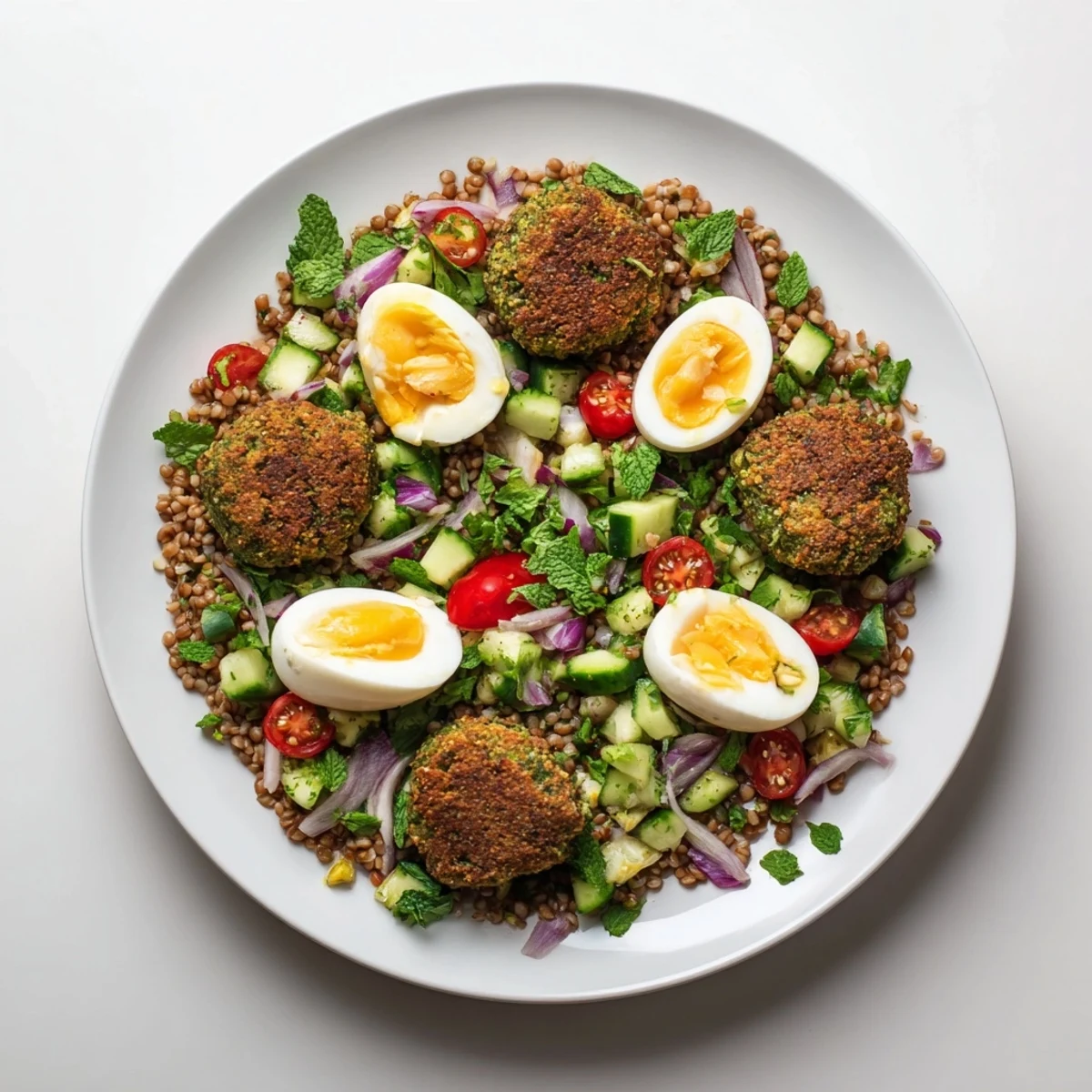 A vibrant bowl featuring golden broccoli falafels atop a buckwheat, egg, and herb salad with cherry tomatoes and cucumber.