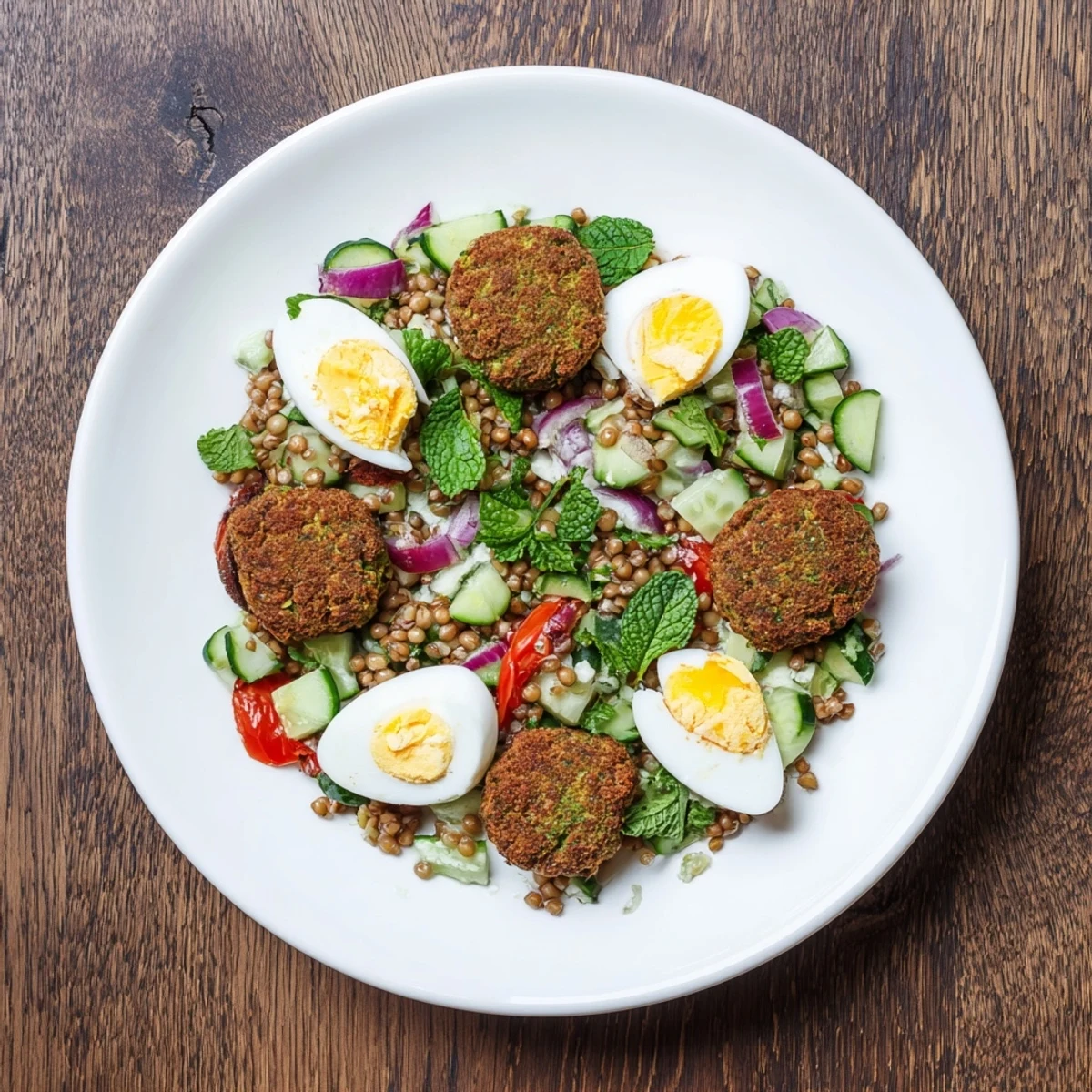Freshly fried broccoli falafels served with a hearty buckwheat, egg, and herb salad, perfect for a wholesome lunch.