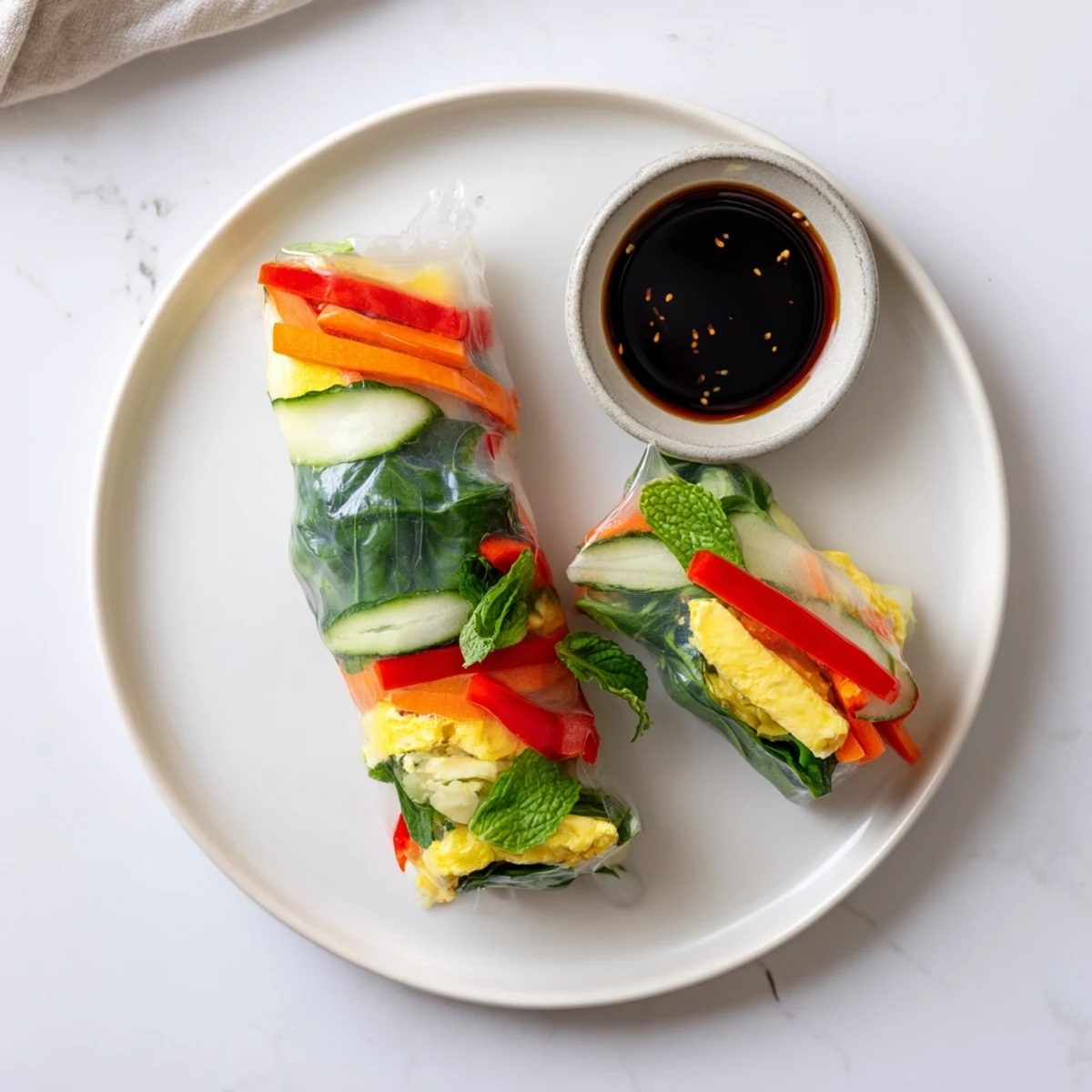 Vibrant Omelette Spring Rolls filled with fluffy egg strips and crisp vegetables, served with a savory dipping sauce.