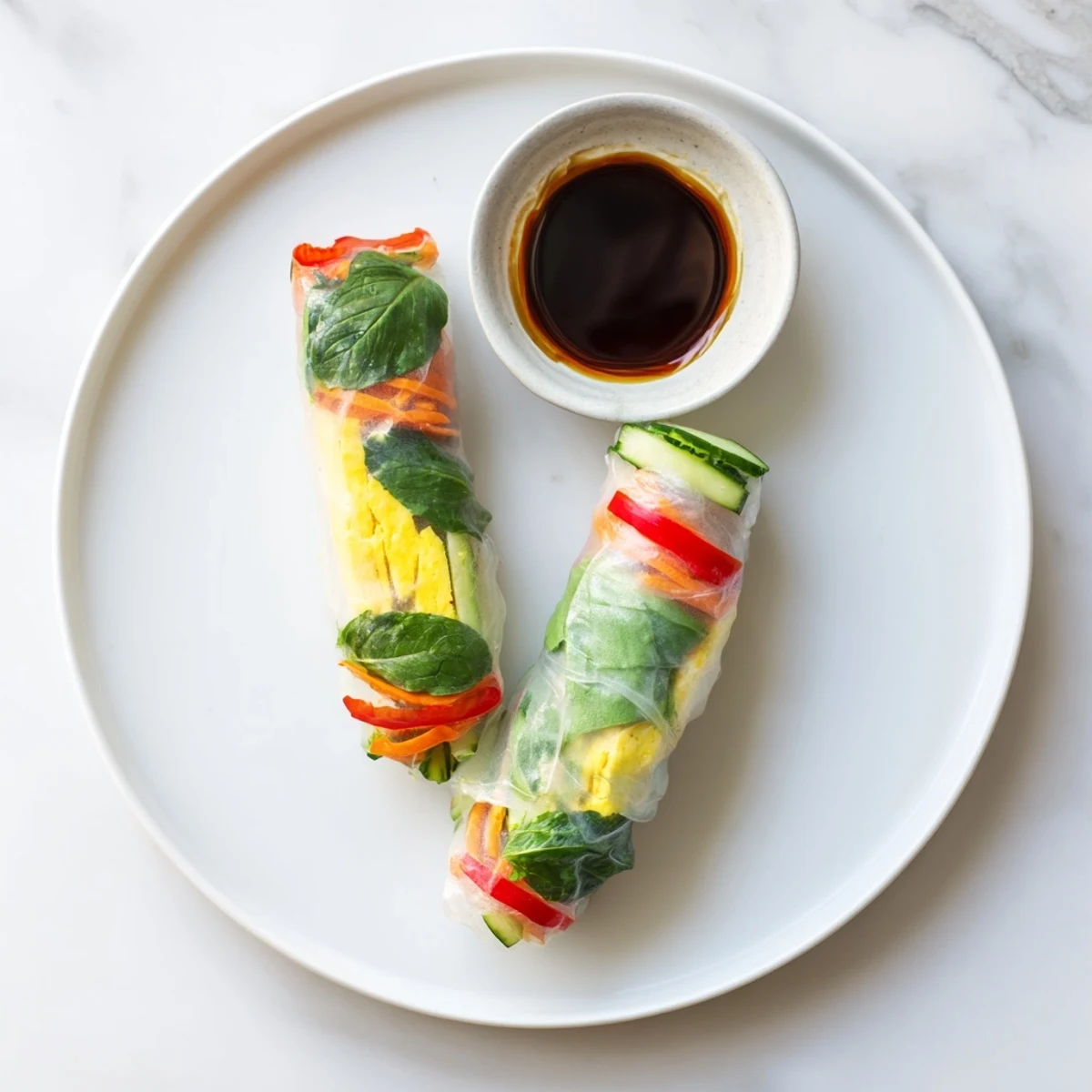 Delicate Omelette Spring Rolls on a plate with colorful vegetables and a small bowl of soy dipping sauce.