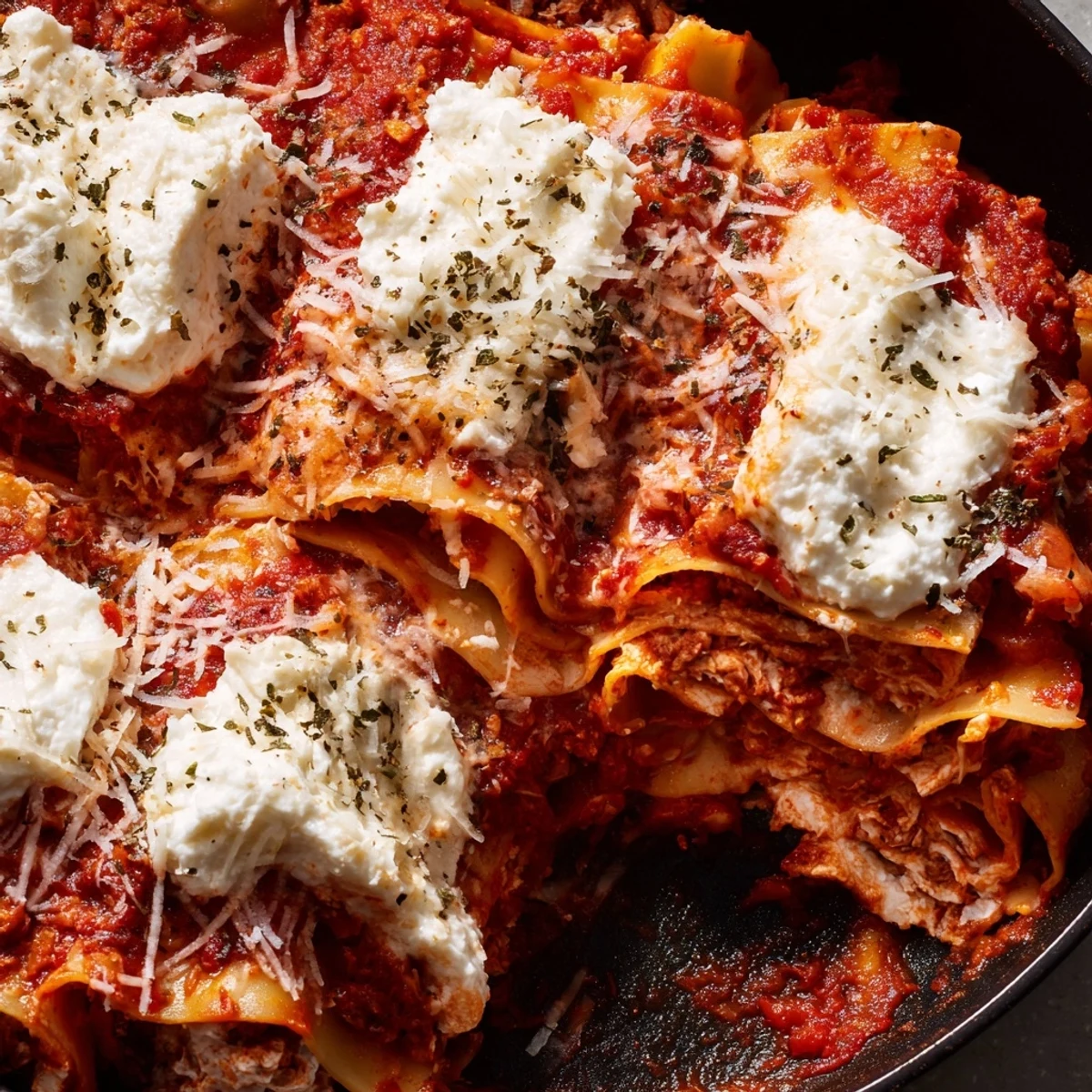 Golden brown melted mozzarella tops this Cheats Frypan Lasagne, with creamy ricotta dollops nestled into tender pasta and rich meat sauce in a single skillet.  