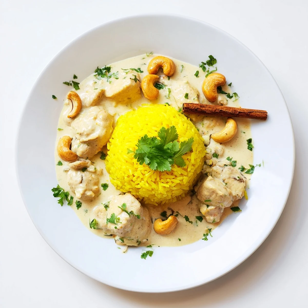 Tender chunks of chicken simmered in a creamy sauce with toasted cashews served over saffron rice in this Sri Lankan Coconut and Cashew Chicken with Saffron Rice.