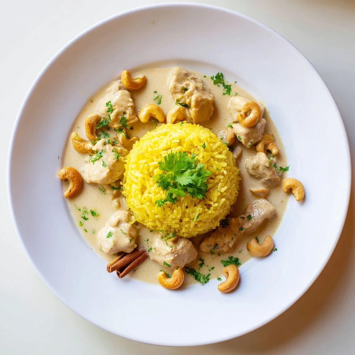 A close-up view of aromatic saffron rice topped with vibrant Sri Lankan Coconut and Cashew Chicken with Saffron Rice and fresh cilantro garnish.