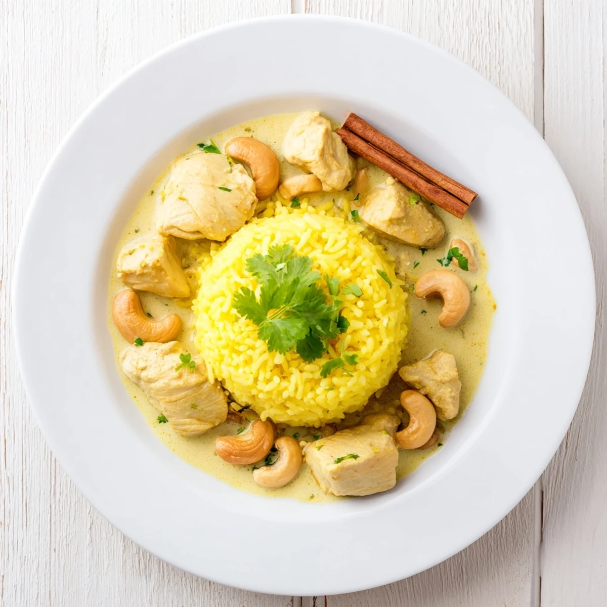 Hearty Sri Lankan Coconut and Cashew Chicken with Saffron Rice plated in a bowl, steam rising from the fragrant, golden curry and fluffy rice.