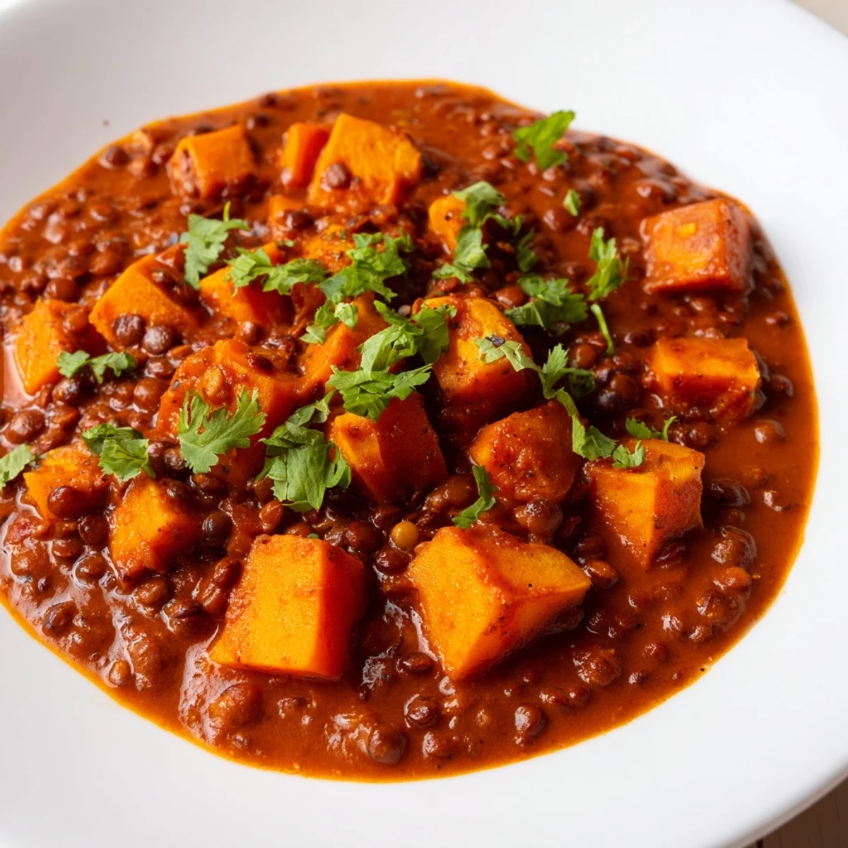 A warm bowl of Pumpkin and Lentil Rogan Josh Curry with fluffy rice and fresh cilantro garnish.