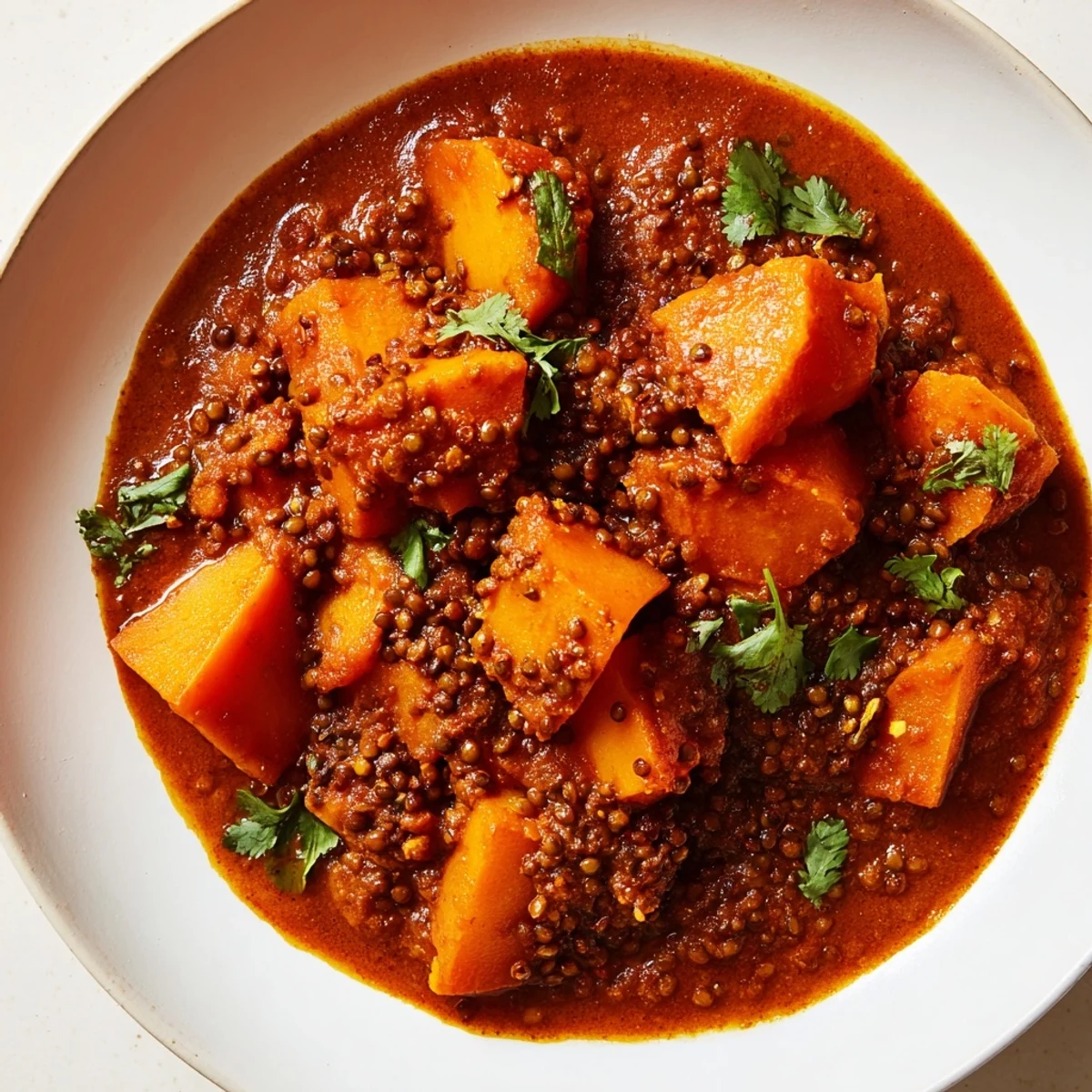Steaming Pumpkin and Lentil Rogan Josh Curry served in a rustic bowl with a lemon wedge.