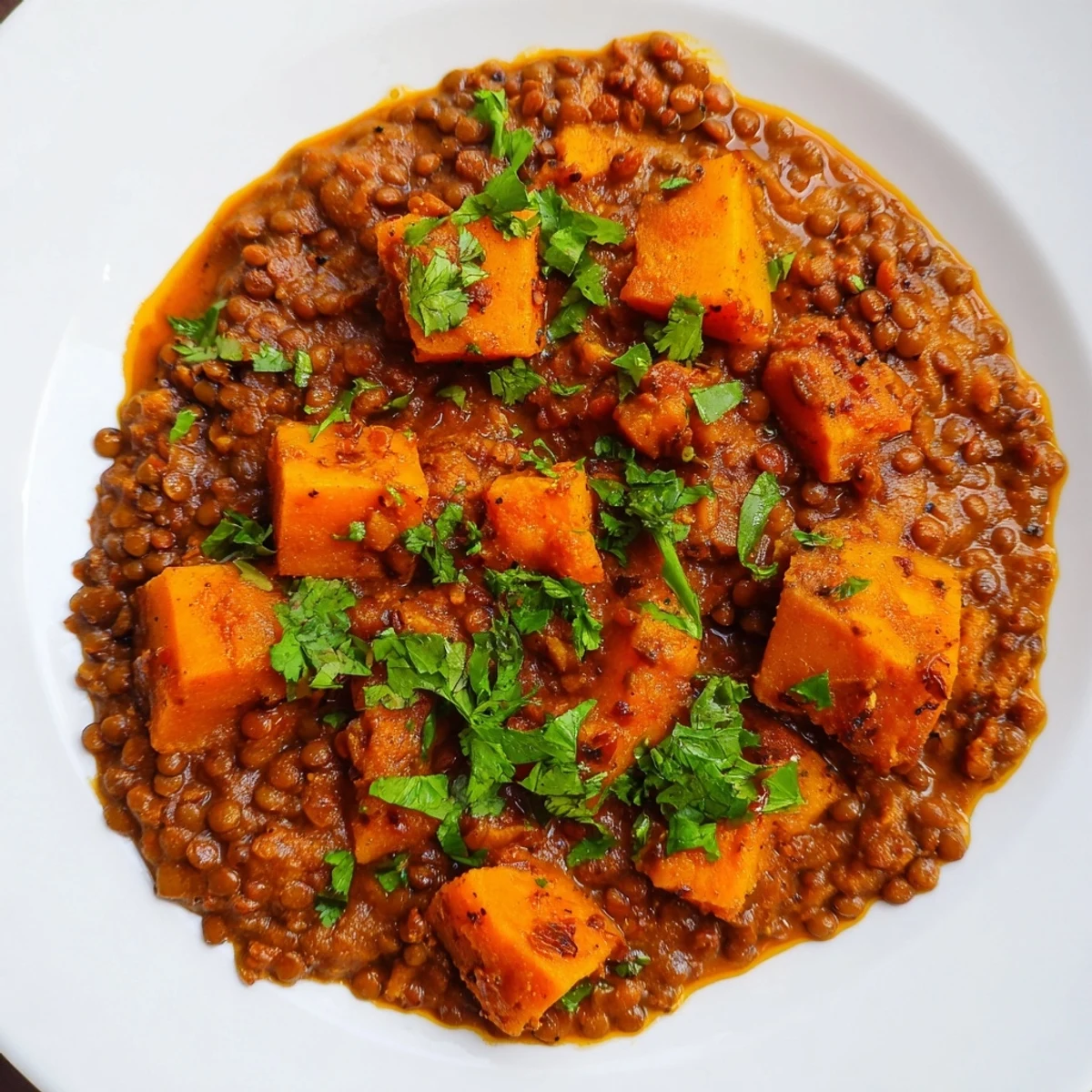 Rich and aromatic Pumpkin and Lentil Rogan Josh Curry with tender pumpkin cubes and red lentils.