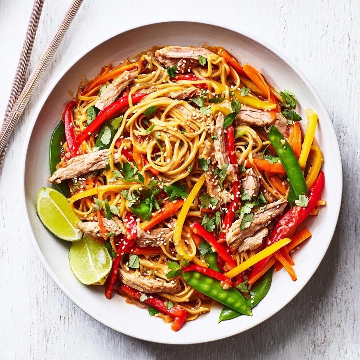 Sweet Chilli Turkey Noodle Stir Fry glistens with saucy noodles, crisp veggies, and golden toasted sesame seeds on top.