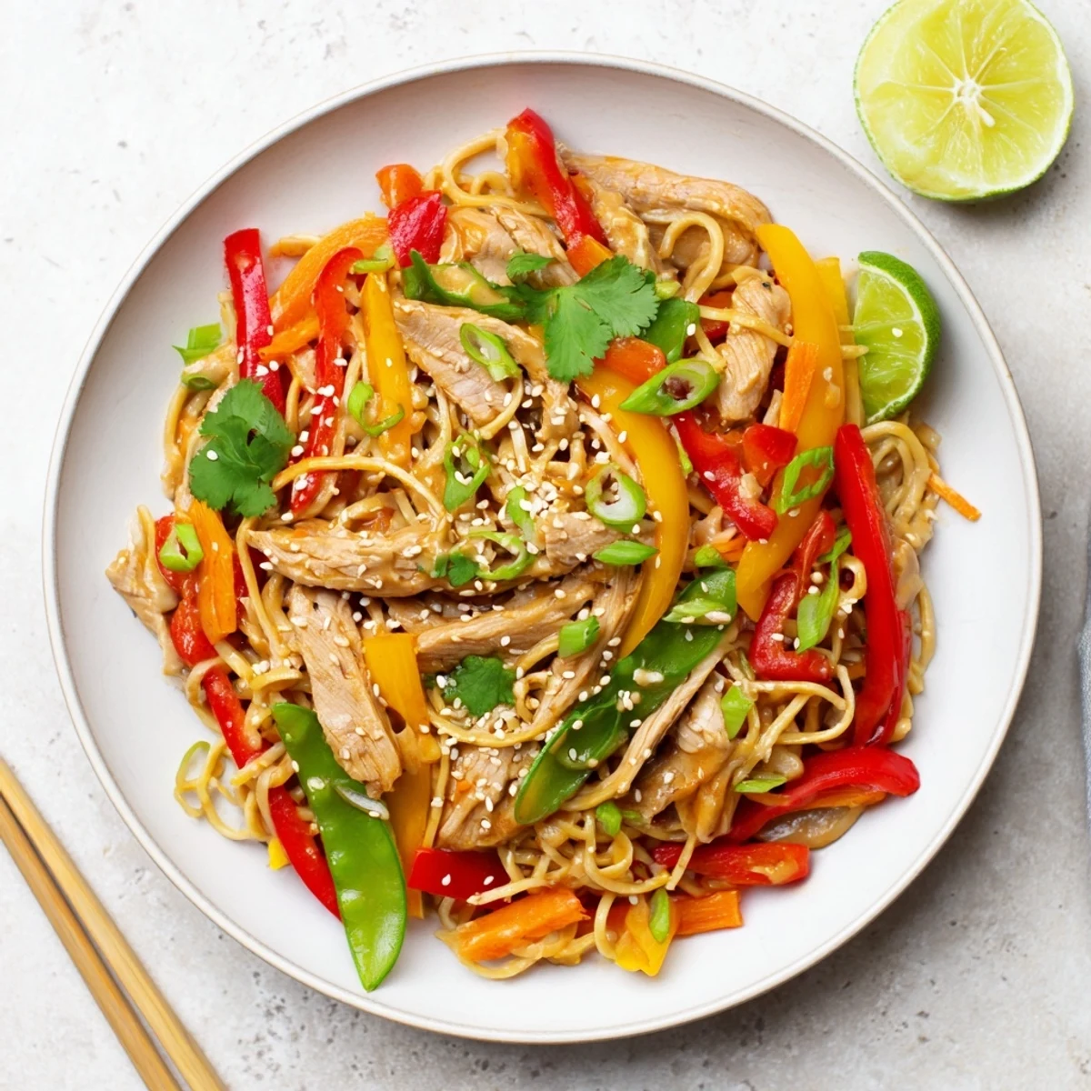 Tender turkey strips and colorful veggies tossed with silky noodles in a glossy sweet chilli sauce, served steaming hot.