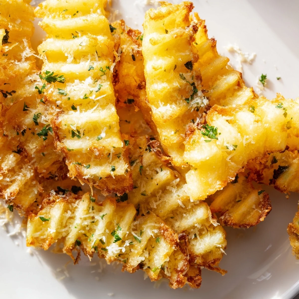 Three golden-brown Crispy Mashed Potato Fries stand upright on a white plate, showing fluffy insides and a crunchy exterior garnished with parsley.