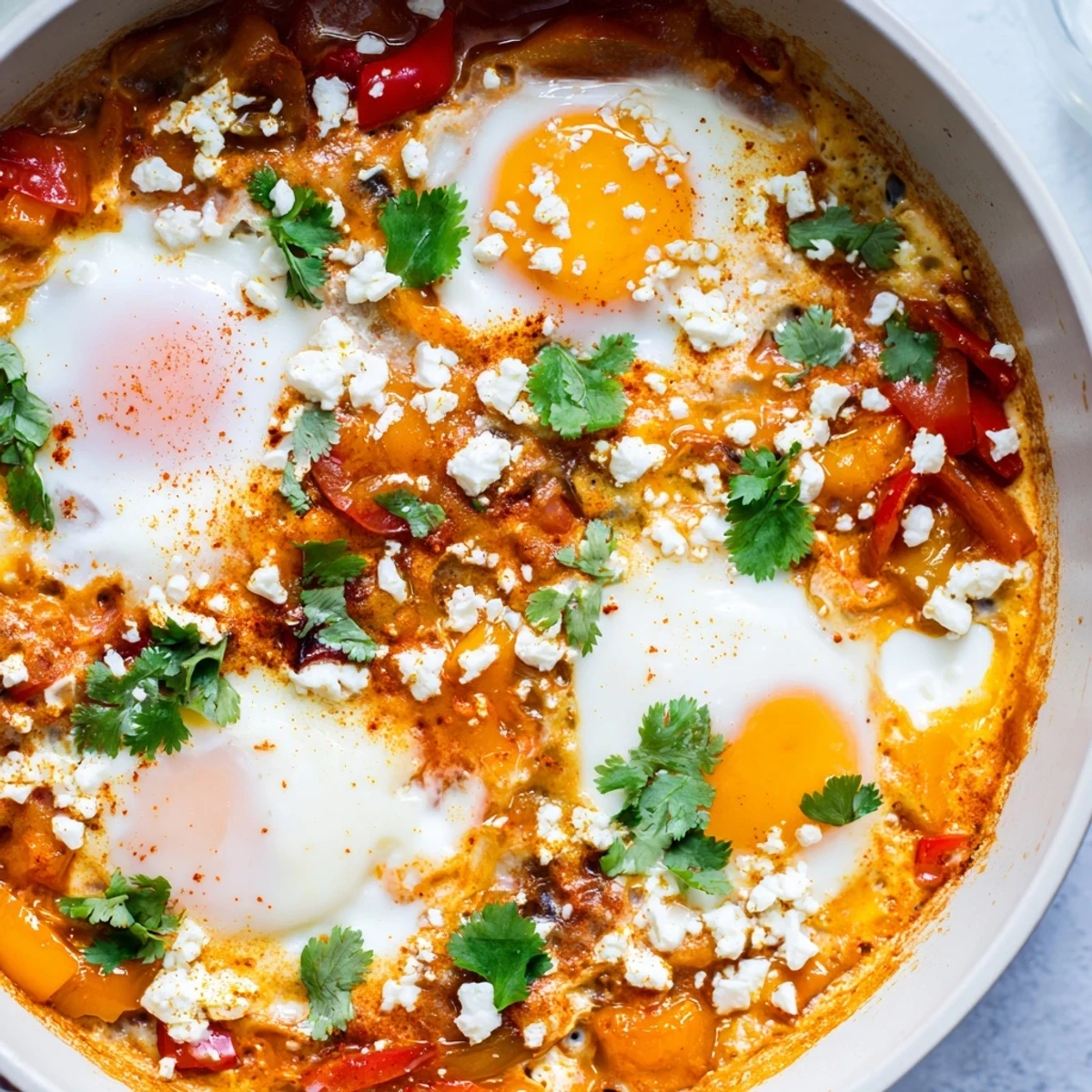 A vibrant skillet of Quick Shakshuka Eggs with poached eggs in spicy tomato sauce, served with crusty bread for dipping.