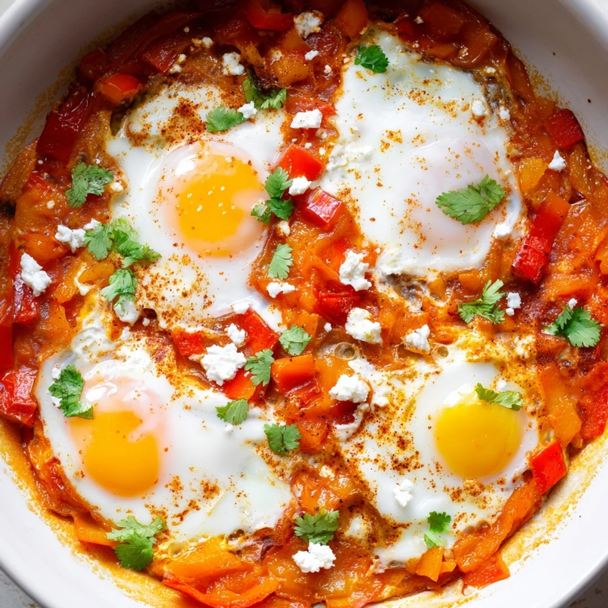 Hearty breakfast platter of Quick Shakshuka Eggs, bubbling in a skillet with warm pita and crumbled feta on the side.