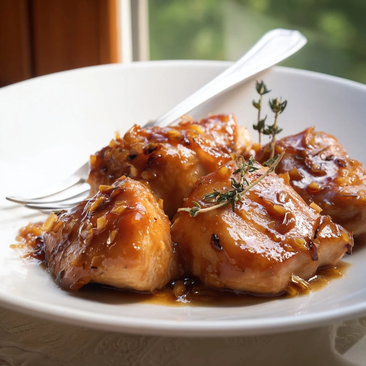 Golden-brown Classic Apricot Chicken breasts simmering in a glossy, sweet apricot glaze, garnished with fresh parsley and served alongside steamed broccoli for a wholesome family dinner.