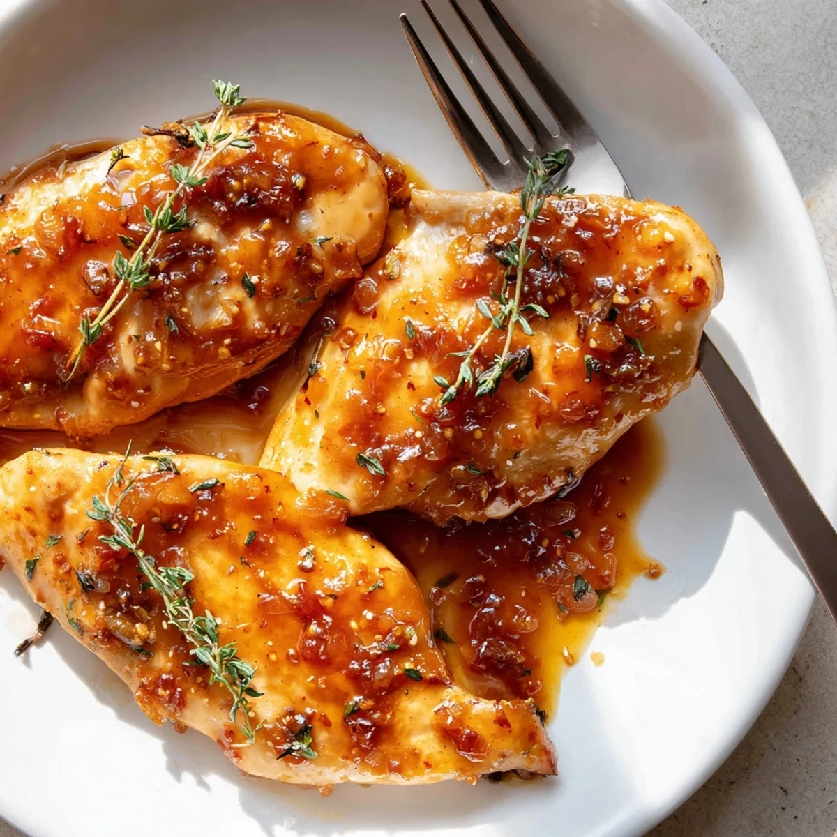 Tender pieces of Classic Apricot Chicken coated in a sticky, tangy sauce, featured on a rustic wooden table with a side of fluffy jasmine rice for a comforting meal.