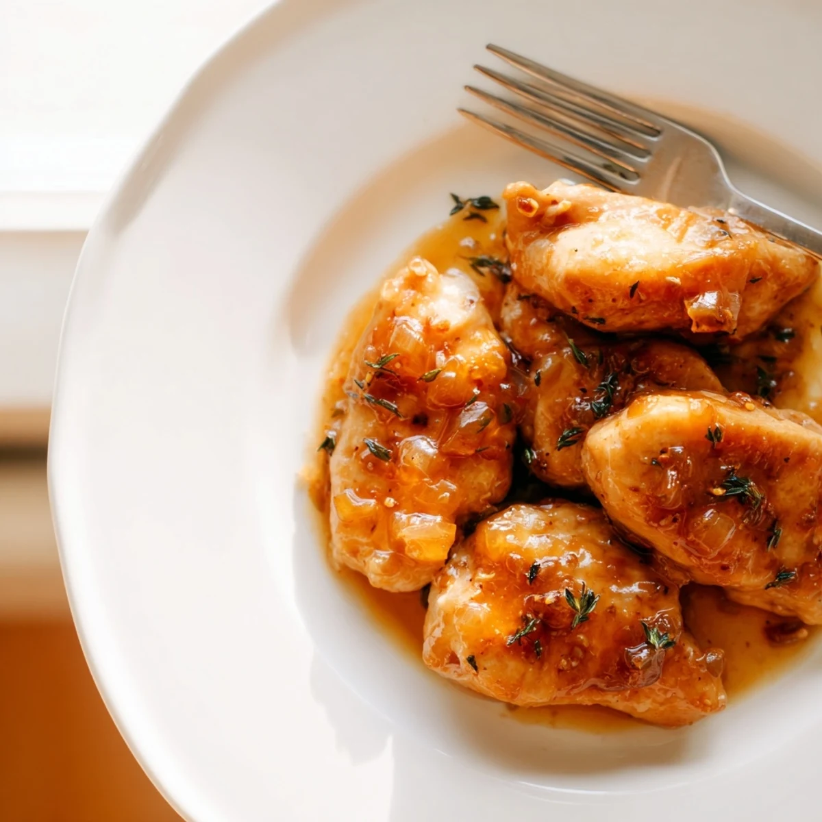 Close-up of Classic Apricot Chicken in a skillet, highlighting the juicy meat and vibrant apricot sauce, with fresh apricot slices and herbs used for garnish.
