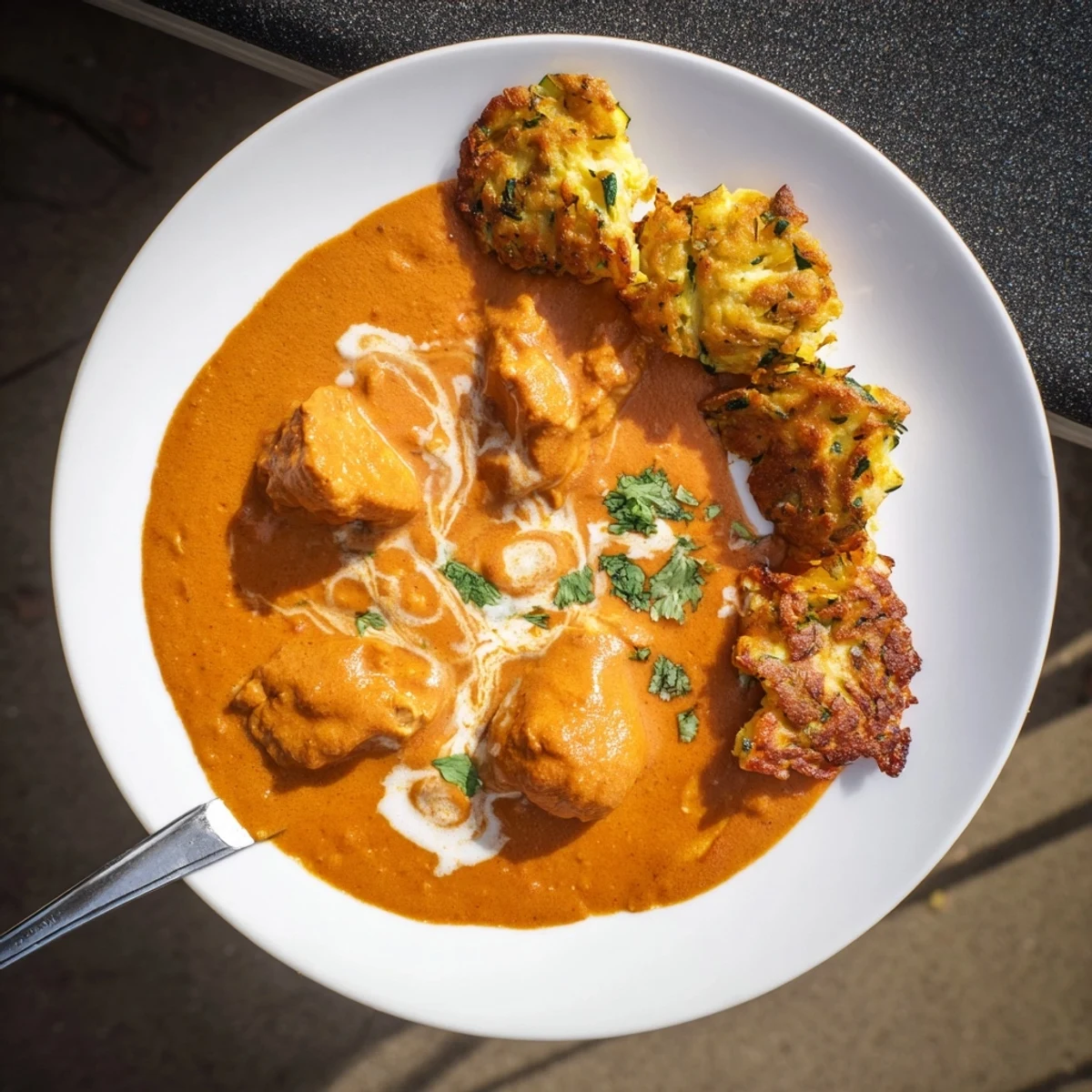 A close-up of golden-brown vegetable fritters beside a bowl of creamy butter chicken and vegetable fritters garnished with fresh cilantro.