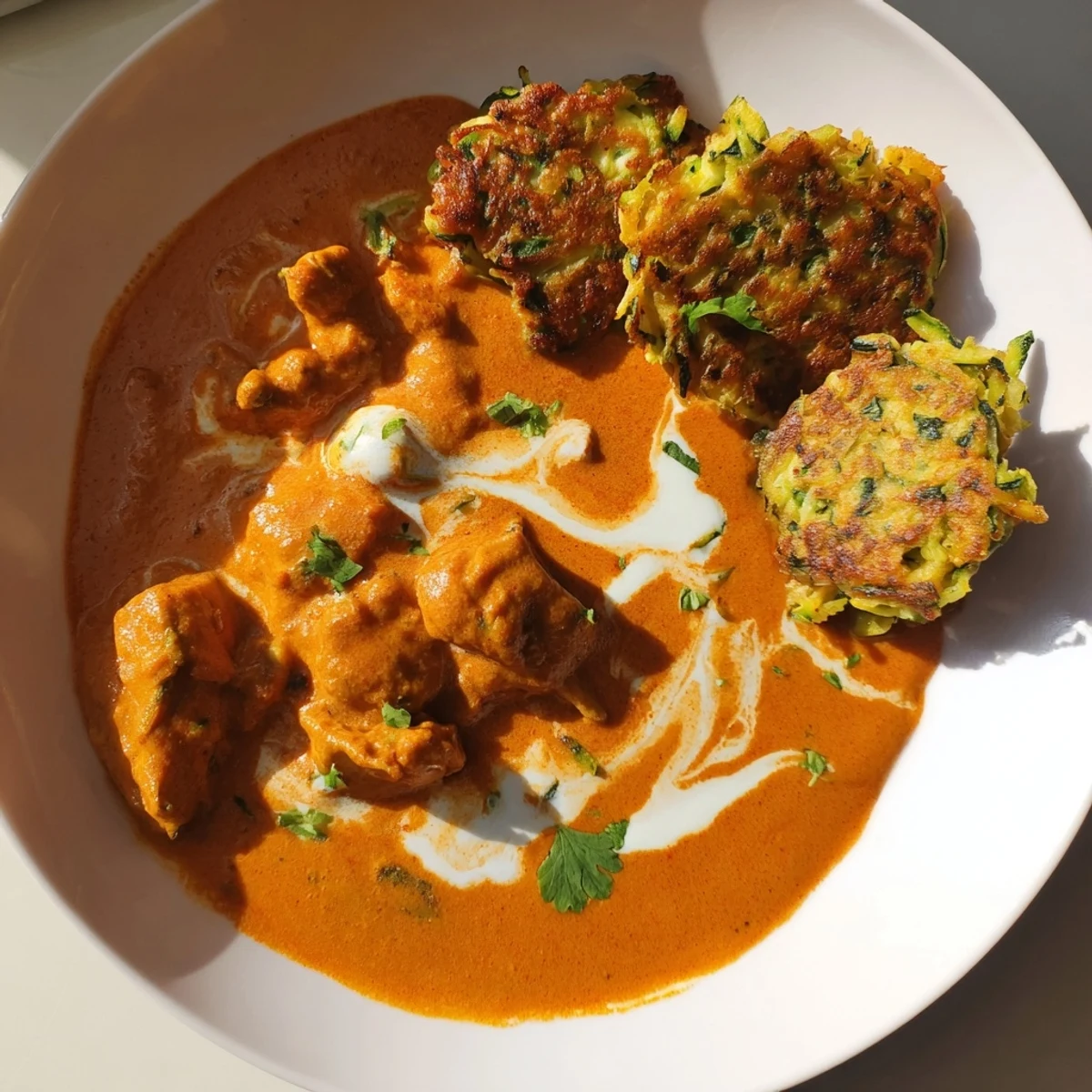 Golden, sizzling vegetable fritters hot from the pan paired with aromatic Indian-inspired butter chicken for a festive dinner.